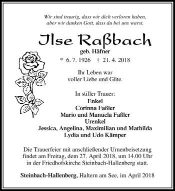 Traueranzeige von Ilse Raßbach von Südthüringer Presse