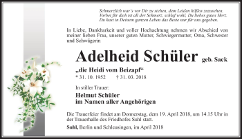 Traueranzeige von Adelheid Schüler von Südthüringer Presse