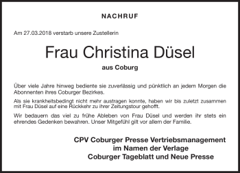 Traueranzeige von Christina Düsel von Neue Presse Coburg