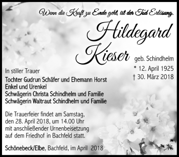 Traueranzeige von Hildegard Kieser von Südthüringer Presse