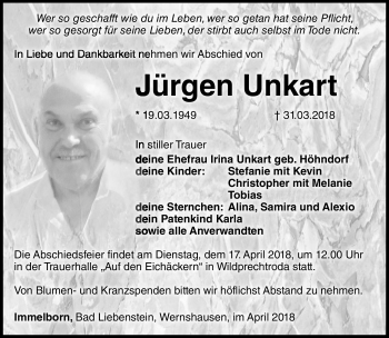 Traueranzeige von Jürgen Unkart von Südthüringer Presse
