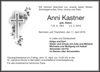 Traueranzeige von Anni Kastner von Frankenpost