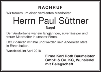 Traueranzeige von Paul Süttner von Frankenpost