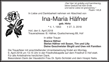 Traueranzeige von Ina-Maria Häfner von Frankenpost