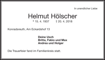 Traueranzeige von Helmut Hölscher von Frankenpost