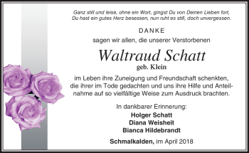 Traueranzeige von Waltraud Schatt von Südthüringer Presse