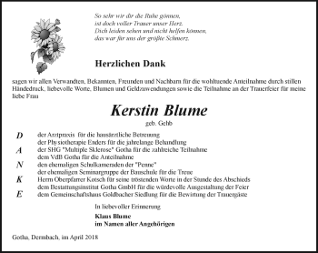 Traueranzeige von Kerstin Blume von Südthüringer Presse