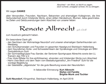 Traueranzeige von Renate Albrecht von Südthüringer Presse