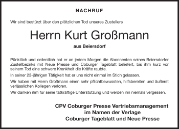 Traueranzeige von Kurt Großmann von Neue Presse Coburg