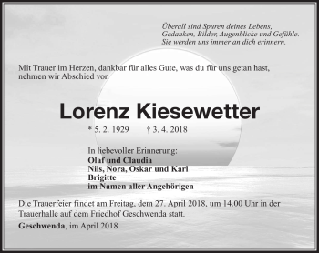 Traueranzeige von Lorenz Kiesewetter von Südthüringer Presse