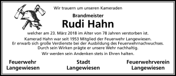 Traueranzeige von Rudi Hahn von Südthüringer Presse