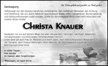 Traueranzeige von Christa Knauer von Südthüringer Presse