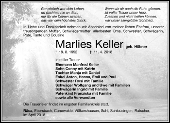 Traueranzeige von Marlies Keller von Südthüringer Presse