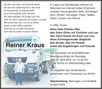 Traueranzeige von Reiner Kraus von Südthüringer Presse
