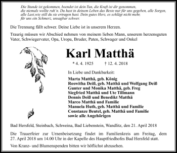 Traueranzeige von Karl Matthä von Südthüringer Presse