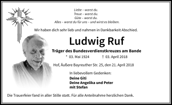 Traueranzeige von Ludwig Ruf von Frankenpost