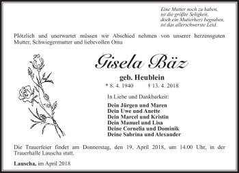 Traueranzeige von Gisela Bäz von Südthüringer Presse