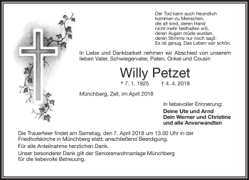 Traueranzeige von Willy Petzet von Frankenpost