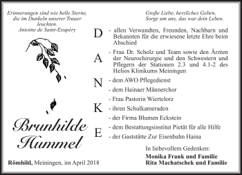 Traueranzeige von Brunhilde Hummel von Südthüringer Presse