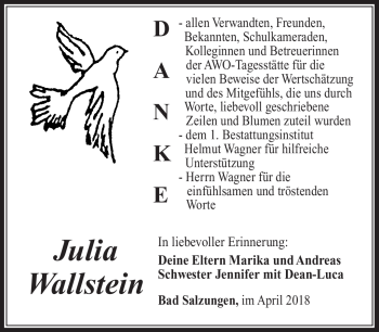 Traueranzeige von Julia Wallstein von Südthüringer Presse