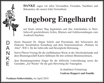 Traueranzeige von Ingeborg Engelhardt von Südthüringer Presse
