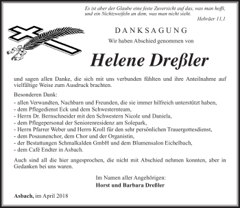 Traueranzeige von Helene Dreßler von Südthüringer Presse