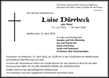 Traueranzeige von Luise Dürrbeck von Frankenpost