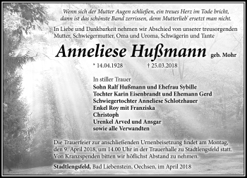 Traueranzeige von Anneliese Hußmann von Südthüringer Presse