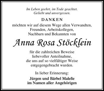 Traueranzeige von Anna Rosa Stöcklein von Südthüringer Presse