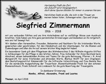 Traueranzeige von Siegfried Zimmermann von Südthüringer Presse