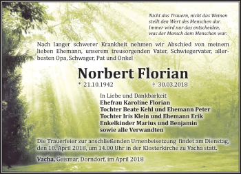Traueranzeige von Norbert Florian von Südthüringer Presse