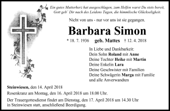 Traueranzeige von Barbara Simon von Neue Presse Coburg