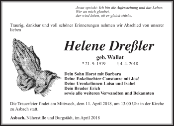 Traueranzeige von Helene Dreßler von Südthüringer Presse