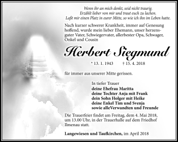 Traueranzeige von Herbert Siegmund von Südthüringer Presse