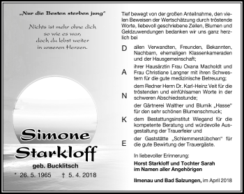 Traueranzeige von Simone Starkloff von Südthüringer Presse