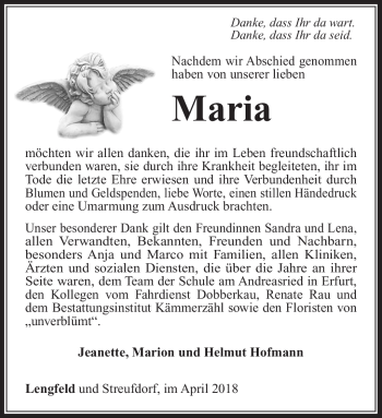 Traueranzeige von Maria  von Südthüringer Presse