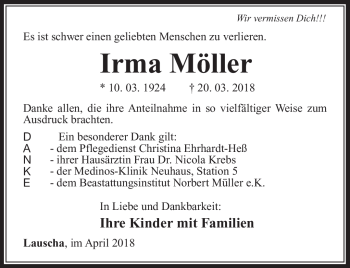 Traueranzeige von Irma Möller von Südthüringer Presse