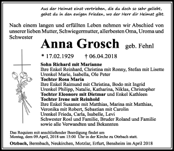 Traueranzeige von Anna Grosch von Südthüringer Presse