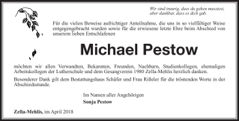 Traueranzeige von Michael Pestow von Südthüringer Presse