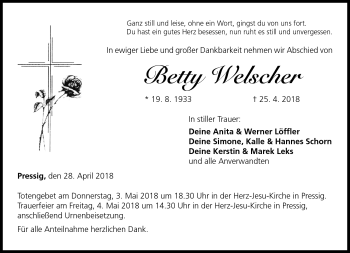 Traueranzeige von Betty Welscher von Neue Presse Coburg