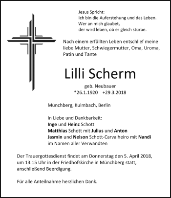 Traueranzeige von Lilli Scherm von Frankenpost