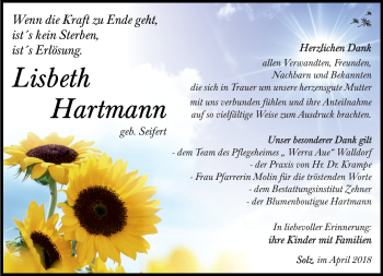 Traueranzeige von Lisbeth Hartmann von Südthüringer Presse