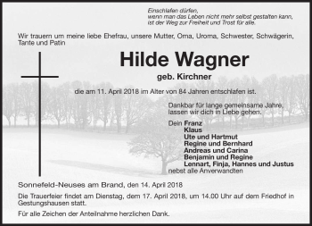 Traueranzeige von Hilde Wagner von Neue Presse Coburg