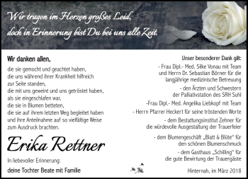 Traueranzeige von Erika Rettner von Südthüringer Presse