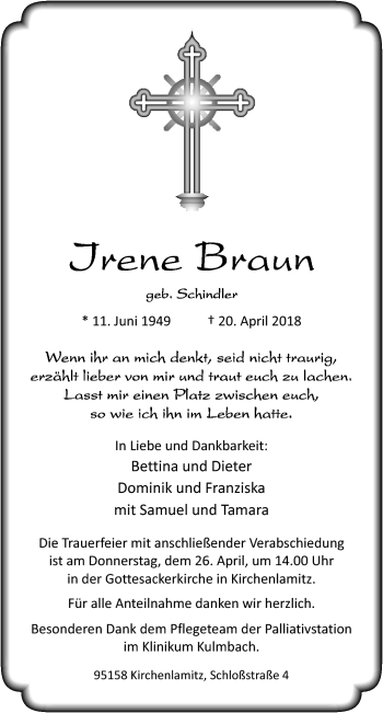 Traueranzeige von Irene Braun von Frankenpost