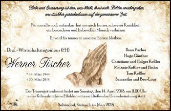 Traueranzeige von Werner Fischer von Südthüringer Presse