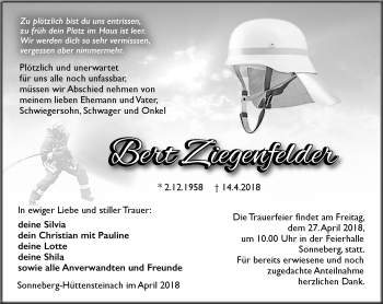 Traueranzeige von Bert Ziegenfelder von Südthüringer Presse