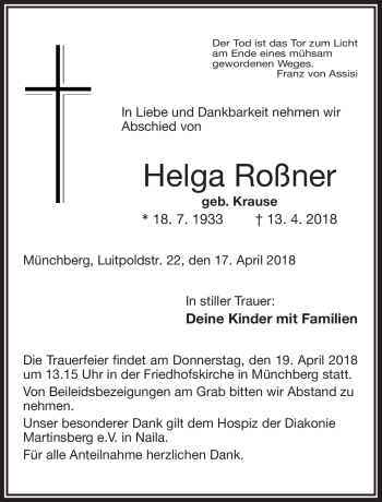 Traueranzeige von Helga Roßner von Frankenpost