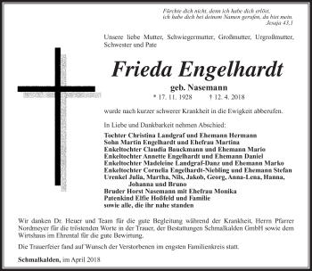 Traueranzeige von Frieda Engelhardt von Südthüringer Presse