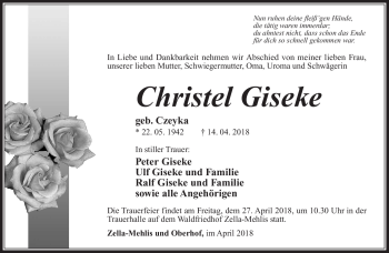 Traueranzeige von Christel Christel Giseke von Südthüringer Presse
